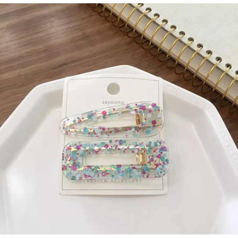 LOT DE BARRETTES PINCE GRAND FORMAT TRANSPARENT VERT/DORE